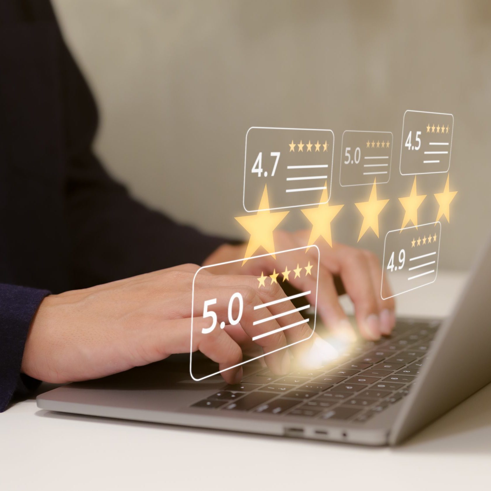 User give five star rating to service experience on computer app. Customers opinion evaluate the quality of services to reputation and business success. Customer review satisfaction survey concept.